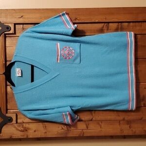 Vintage Da Vinci Knitwear Blue Pink Short Sleeve V Neck Top Size Med